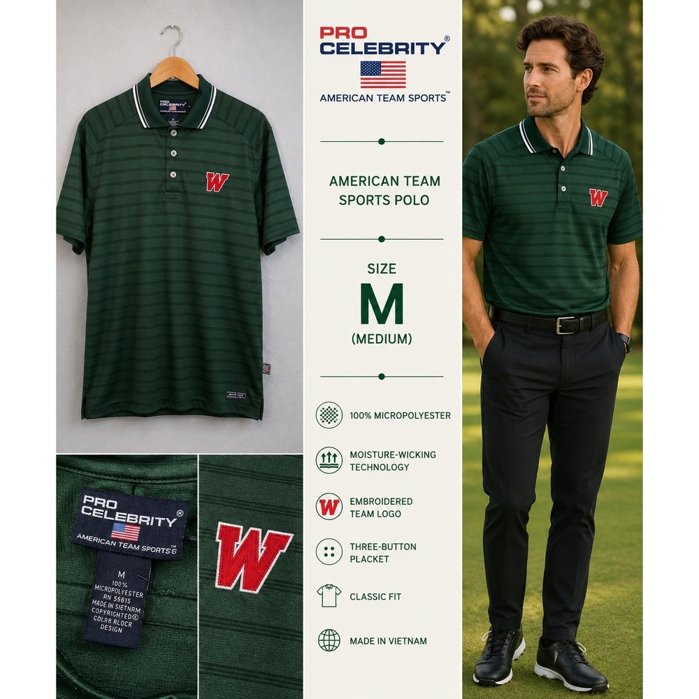 Wisconsin Badgers Polo Mens M Green Striped Pro Celebrity Sports College Preppy